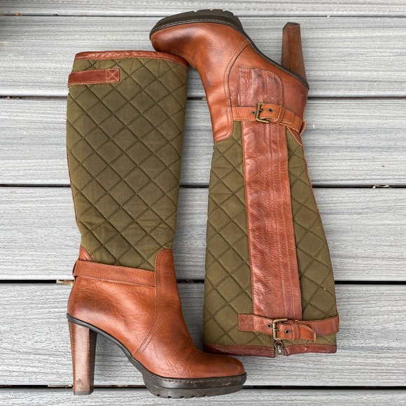 Ralph Lauren Purple‎ Label Italy Size 8B Tall Brown Leather/ Quilted Green Boots - Picture 8 of 16
